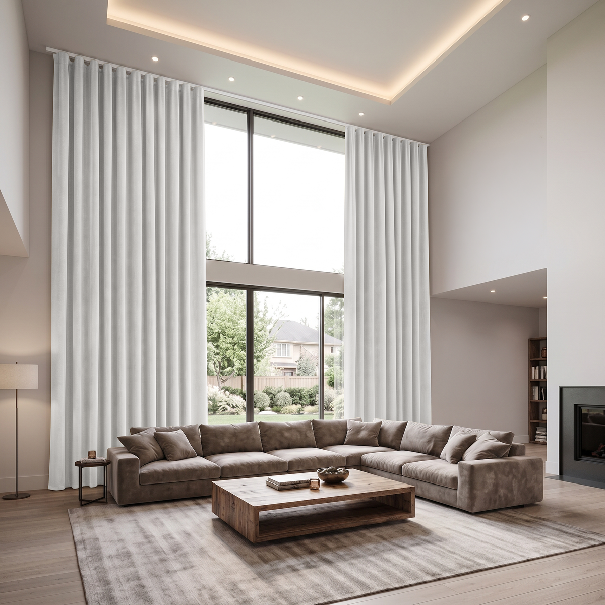 Off-White Velvet S-Fold Extra Long Curtains in a Modern Double-Height Living Room with Floor-to-Ceiling Windows, Light Wood Flooring, and a Gray Rug