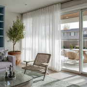 Off-White Voile Linen Back Tab Curtains for Sliding Doors in a Living Room with Light Grey Walls