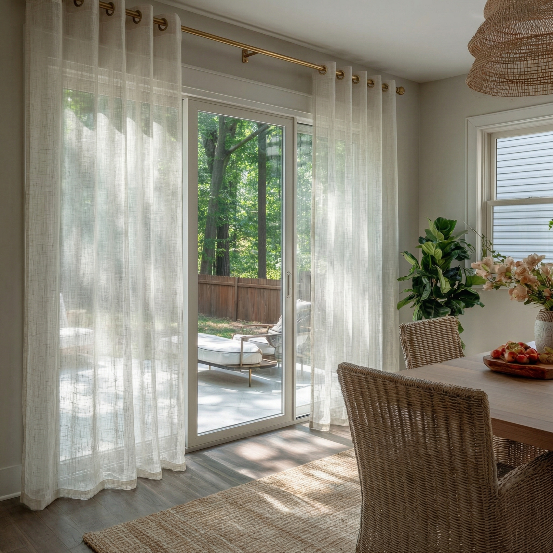 Off-White Voile Linen Eyelet Curtains for Sliding Doors in a Dining Room with Warm White Walls