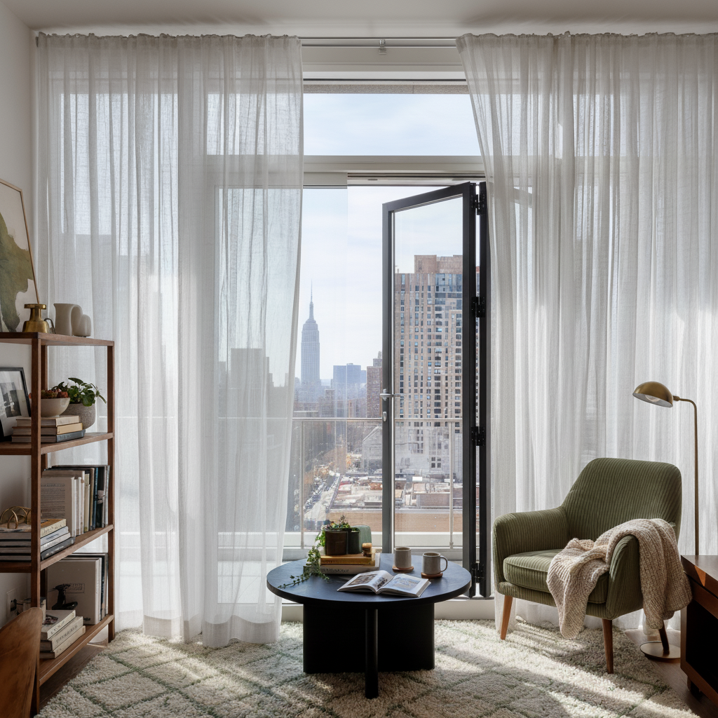 Off-White Voile Linen Rod Pocket Curtains for Bifold Doors