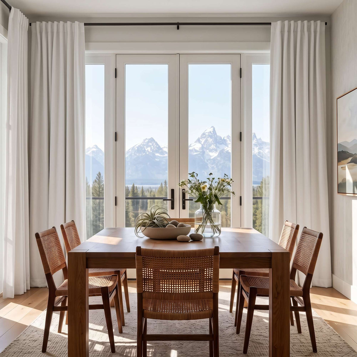 Off-White Linen Back Tabs Curtains In A Modern Dining Room With Light Gray Walls And A Wooden Dining Set Overlooking Scenic Mountain Views - Blackout Lining