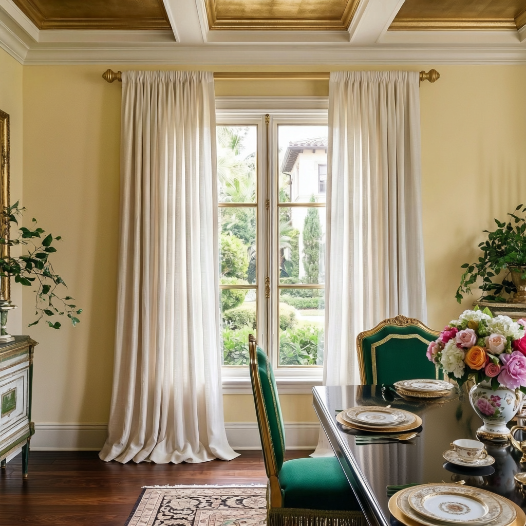 Off-White Linen Rod Pocket Curtains In A Formal Dining Room With Yellow Walls And Dark Wood Flooring Beneath A Gold-Trim Tray Ceiling.