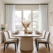 Off-White Linen S-Fold Curtains In A Minimalist Dining Room With Cream Walls And A Round Light Wood Table - Cotton Lining