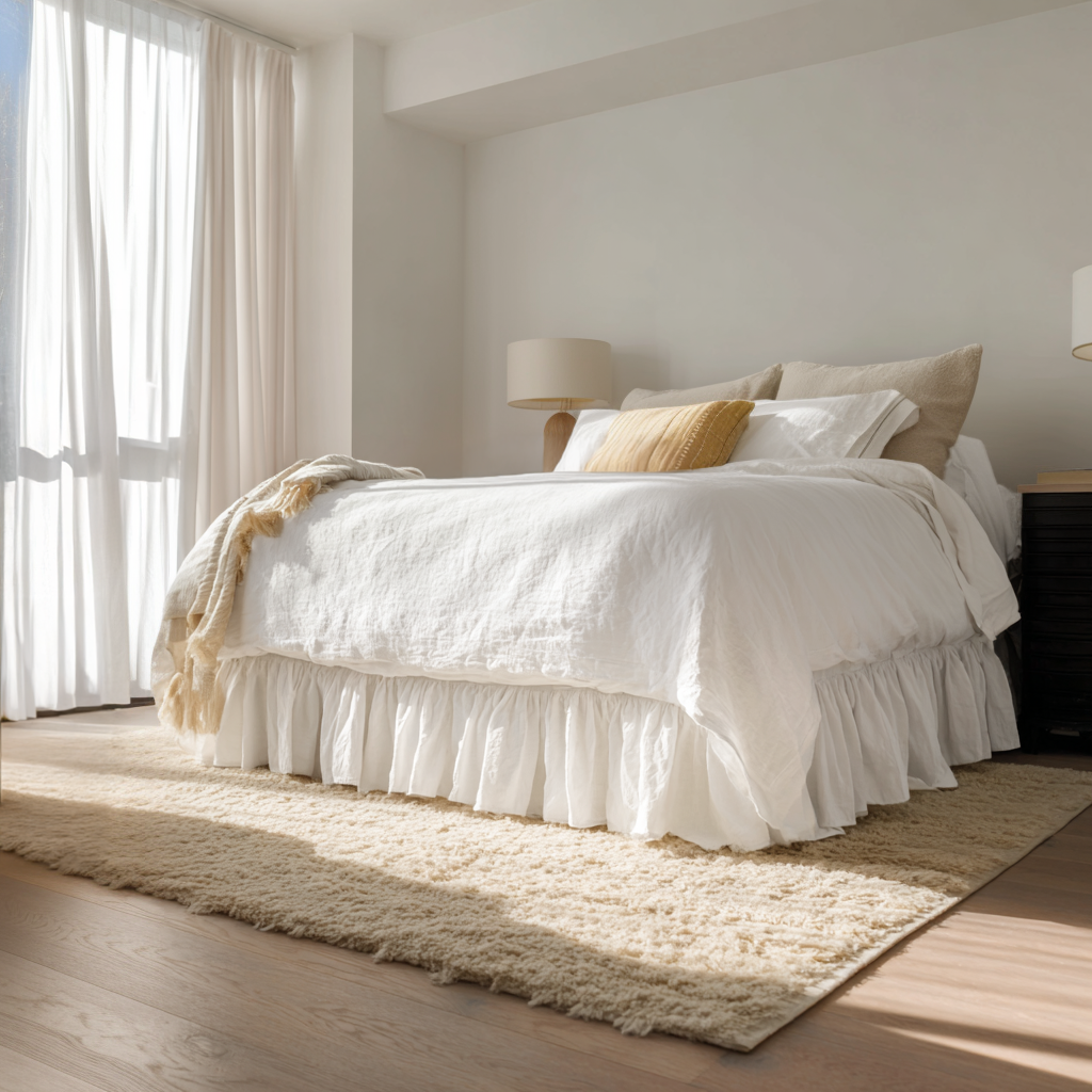 Off White Linen Bed Skirt Valance with Gathered Ruffles
