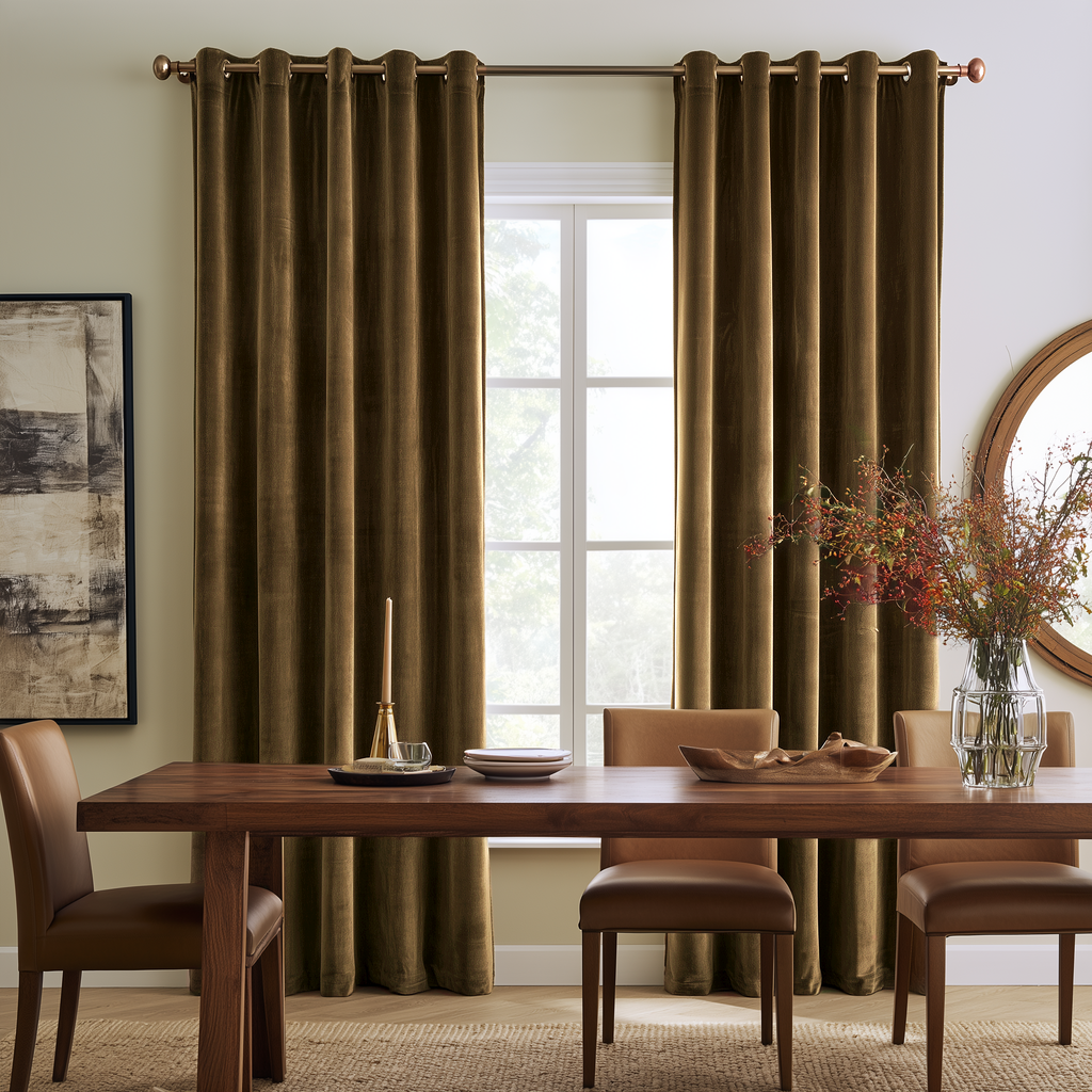 A pair of dark olive brown grommet-top curtains hanging on a brass rod over a window in a styled dining room with a wooden table and chairs.