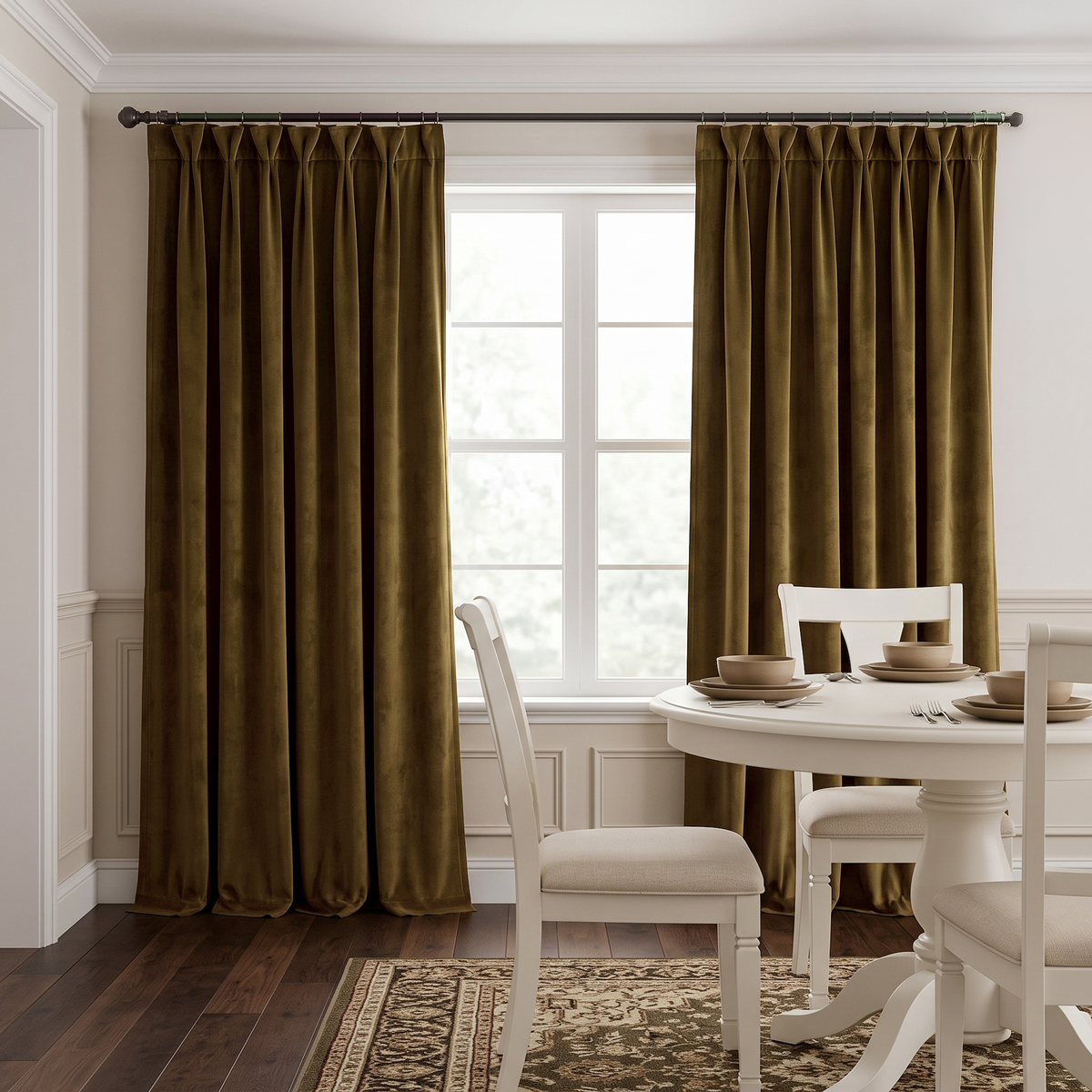 Dining room with olive curtains, a round white table, and upholstered chairs.