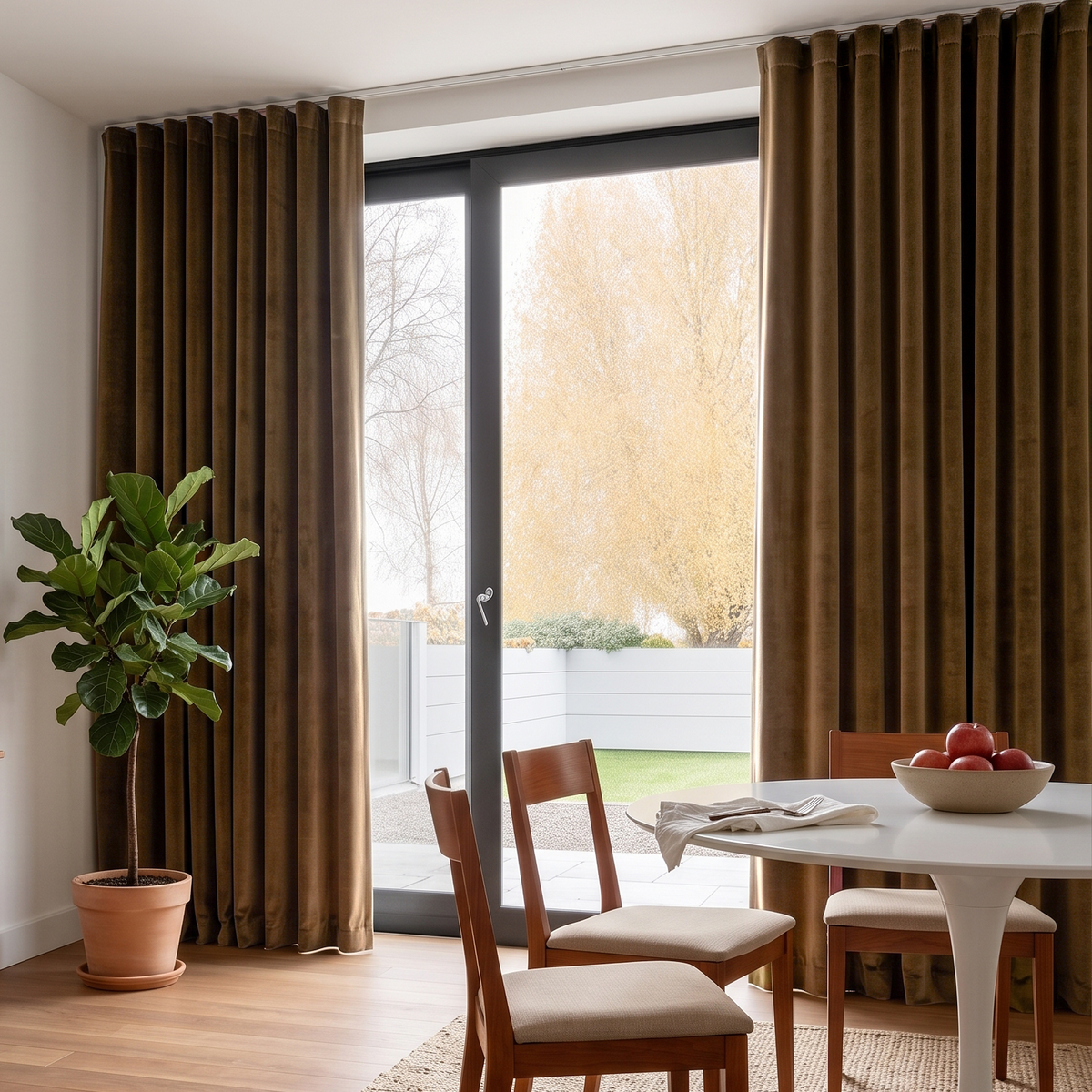 Dining area with brown curtains, a white table, wooden chairs, and a potted tree.