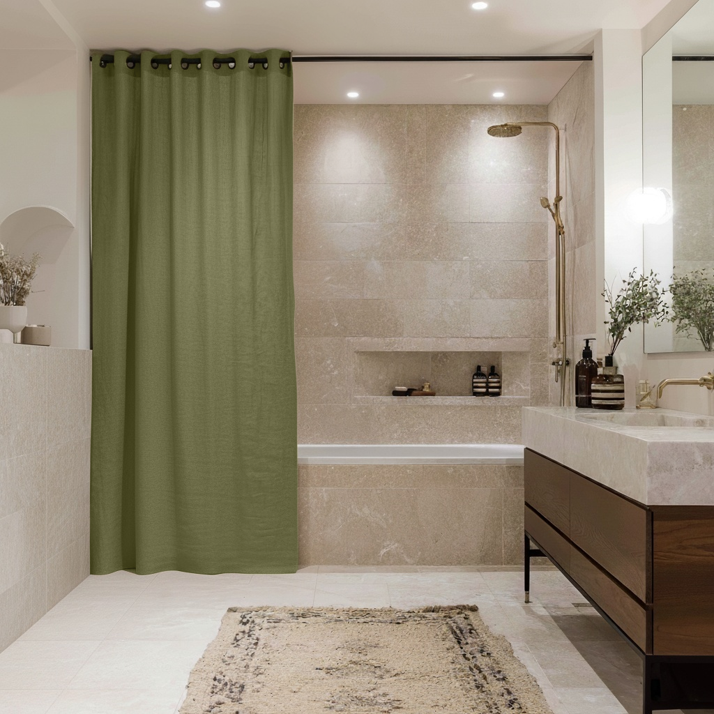 Olive Green Hookless Linen Shower Curtain