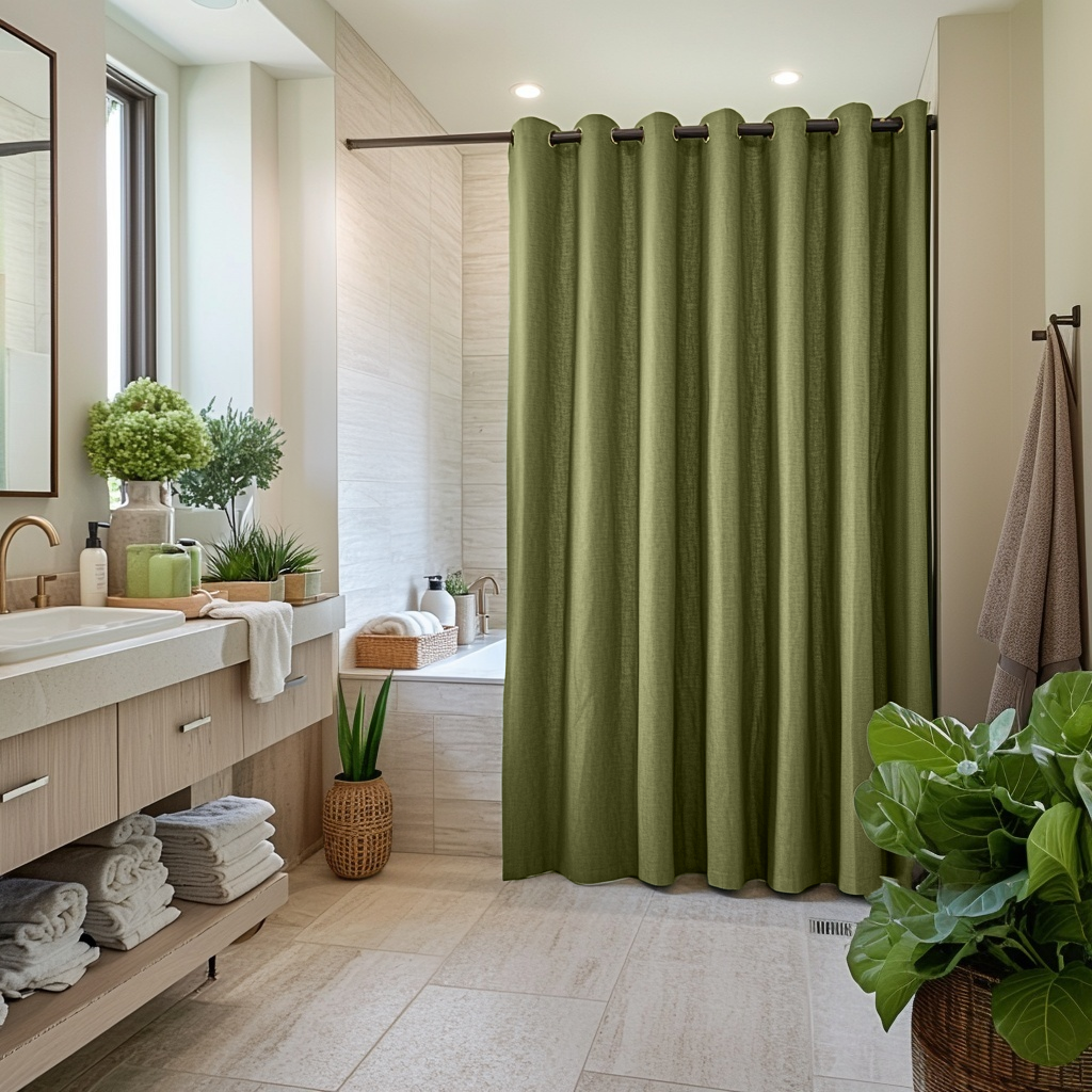 Olive Green Hookless Linen Shower Curtain