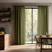 Olive Green Linen Back Tab Curtains for Bifold Doors in a Kitchen with Grey Walls - Cotton Lining