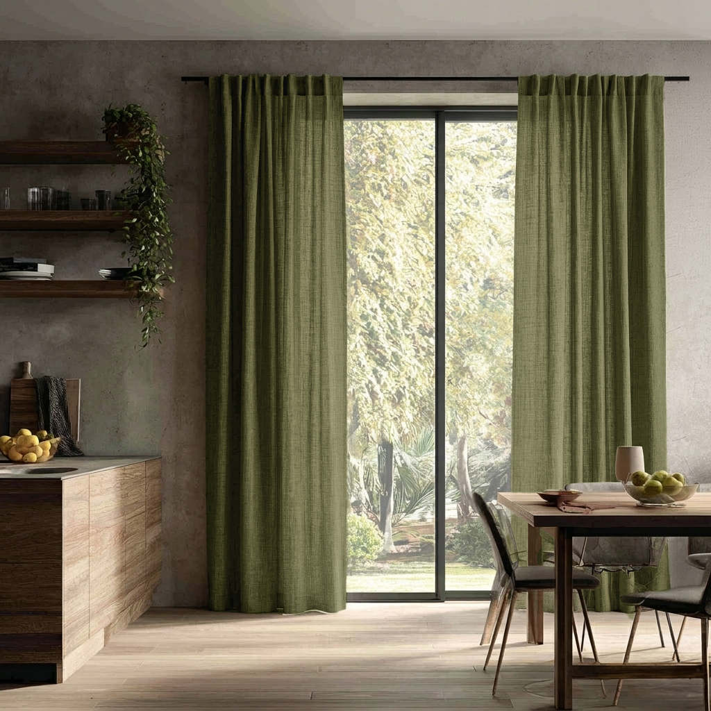 Olive Green Linen Back Tab Curtains for Bifold Doors in a Kitchen with Grey Walls - Cotton Lining