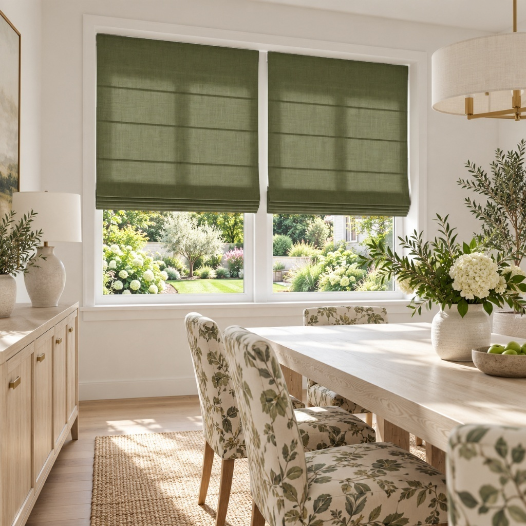 Olive Green Cordless Linen Roman Blinds in a Contemporary Dining Room with White Walls
