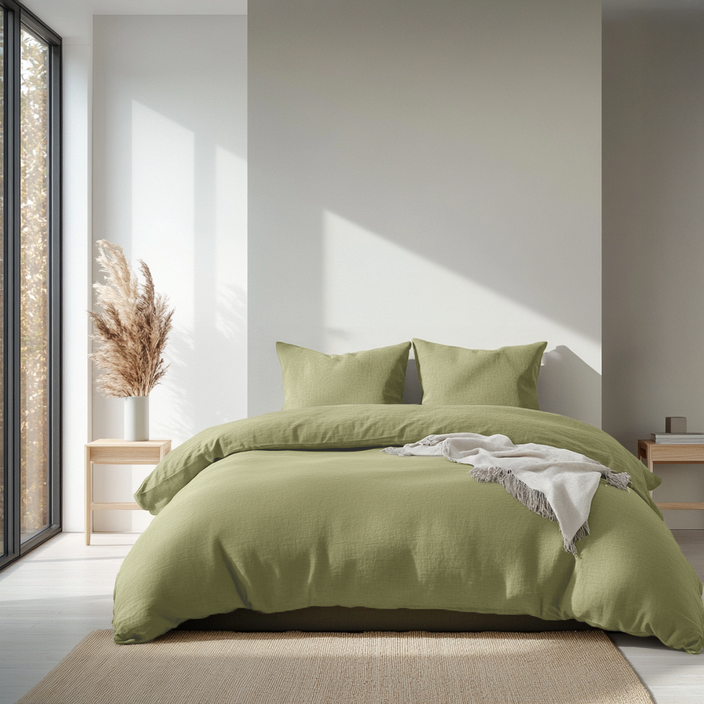 Olive Green Washed Linen Duvet Cover Set
