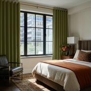 Olive Green Linen Eyelet Bedroom Curtains in a Refined Bedroom with Terracotta and Espresso Brown Accents - Blackout Lining