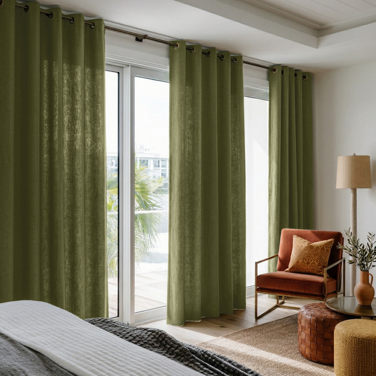 Olive Green Linen Eyelet Bedroom Curtains in a Bright Modern Bedroom with Warm White Walls, Light Neutral Bedding, and Terracotta Accents - Cotton Lining