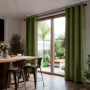 Olive Green Linen Eyelet Curtains for Bifold Doors in a Dining Room with Light Grey Walls - Blackout Lining