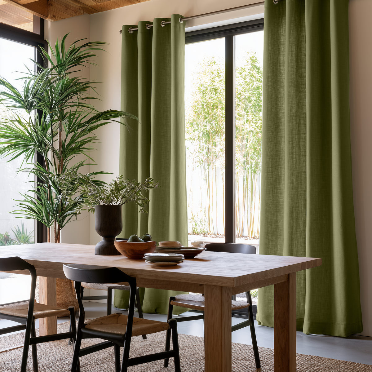 Olive Green Eyelets Curtains Hanging On A Window In A Modern Dining Room