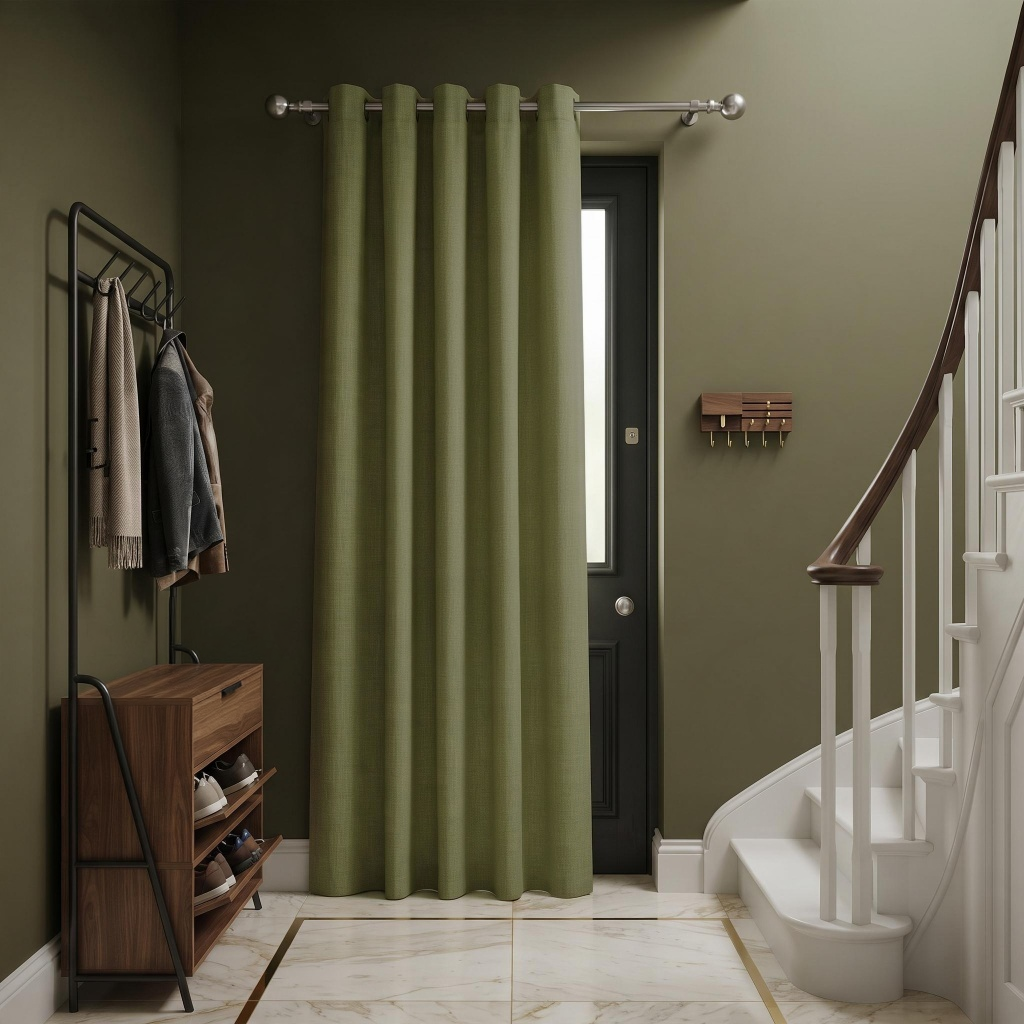 Thermal Door Curtains in a Hallway with Olive Green Walls and Marble Floor Tiles