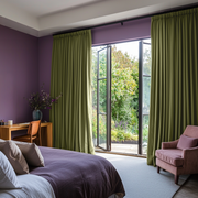 Olive Green Linen Pencil Pleat Bedroom Curtains in a Bedroom with Lavender Walls and Rich Plum Bedding - Blackout Lining