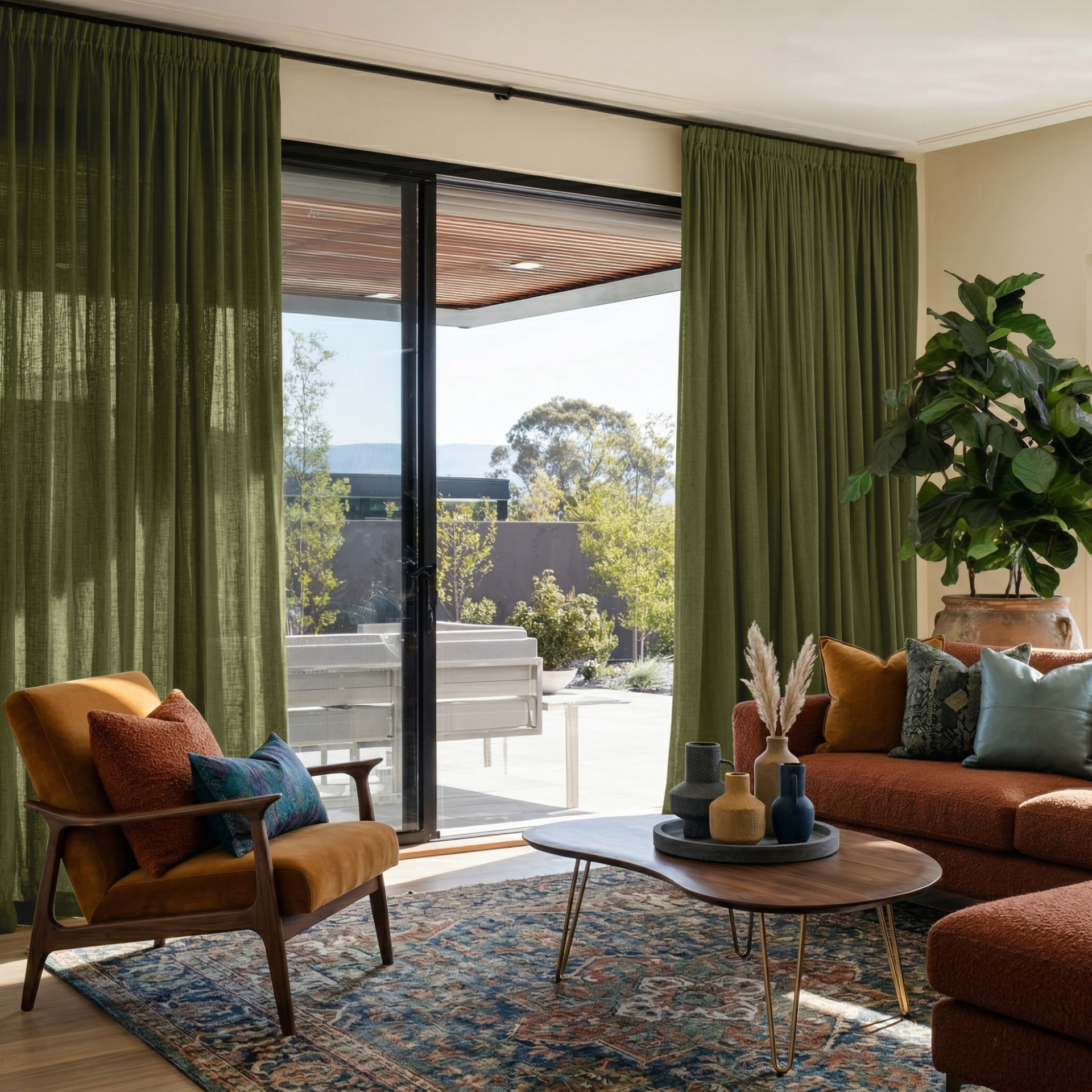 Olive Green Linen Pencil Pleat Curtains for Large Sliding Doors in a Living Room with Cream Walls