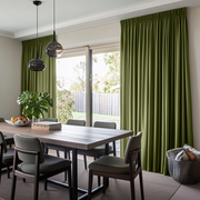 Olive Green Linen Pencil Pleat Curtains for Bifold Doors in a Dining Room with White Walls - Cotton Lining