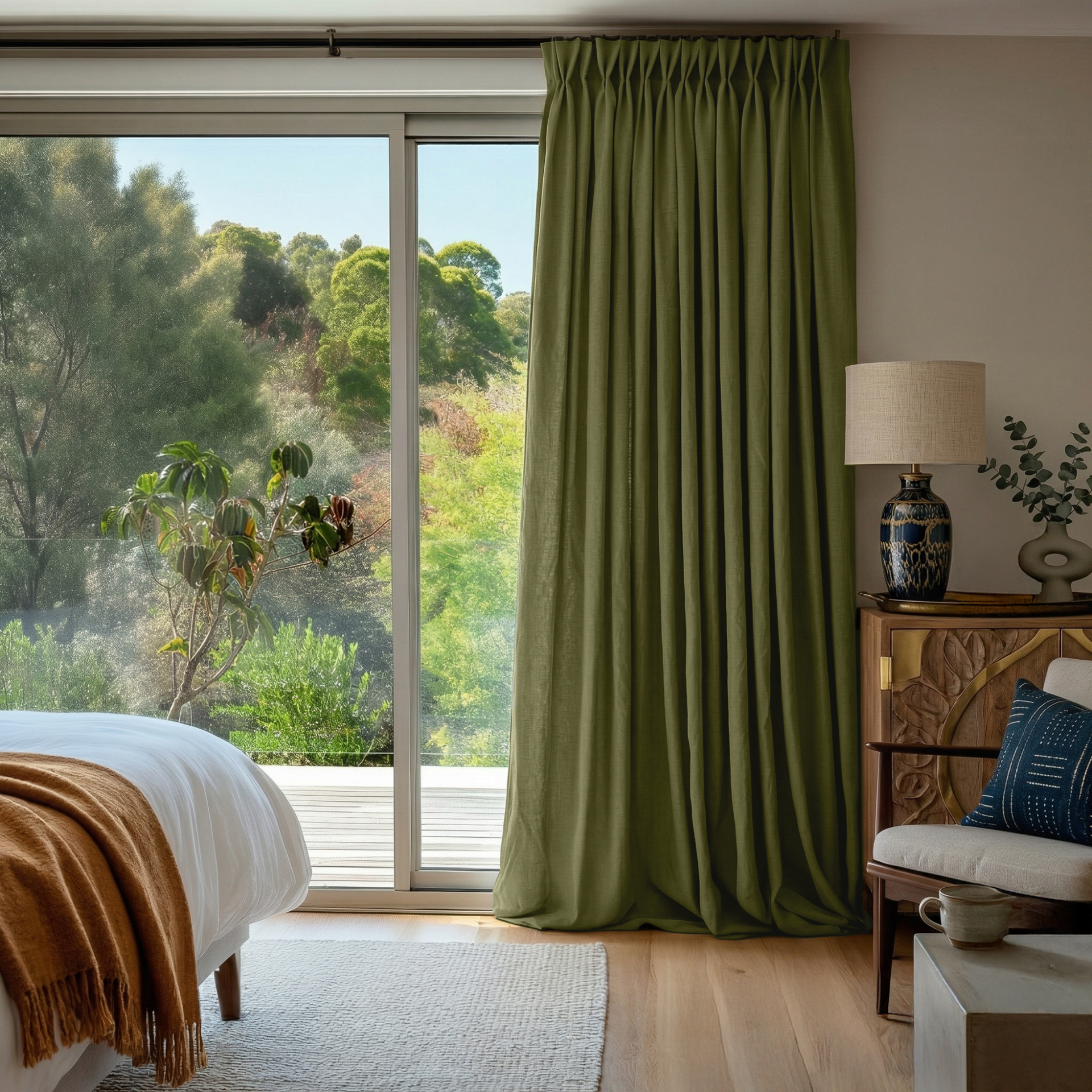 Olive Green Linen Pinch Pleat Curtains for Bifold Doors in a Bedroom with Beige Walls - Cotton Lining