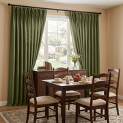 Olive Green Linen Pinch Pleat Curtains in a Traditional Dining Room with Wooden Ladder-Back Chairs and a Patterned Rug