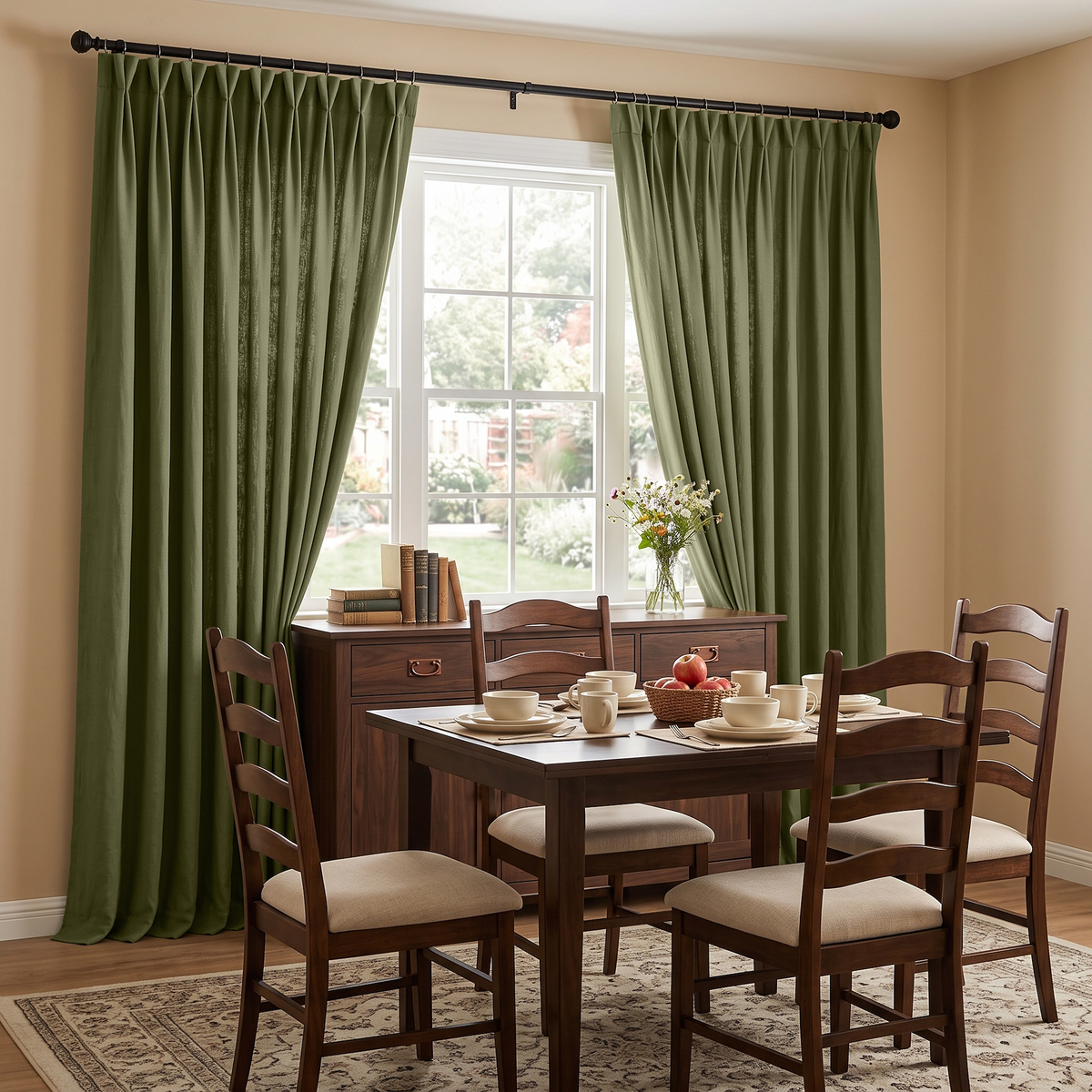 Olive Green Linen Pinch Pleat Curtains in a Traditional Dining Room with Wooden Ladder-Back Chairs and a Patterned Rug