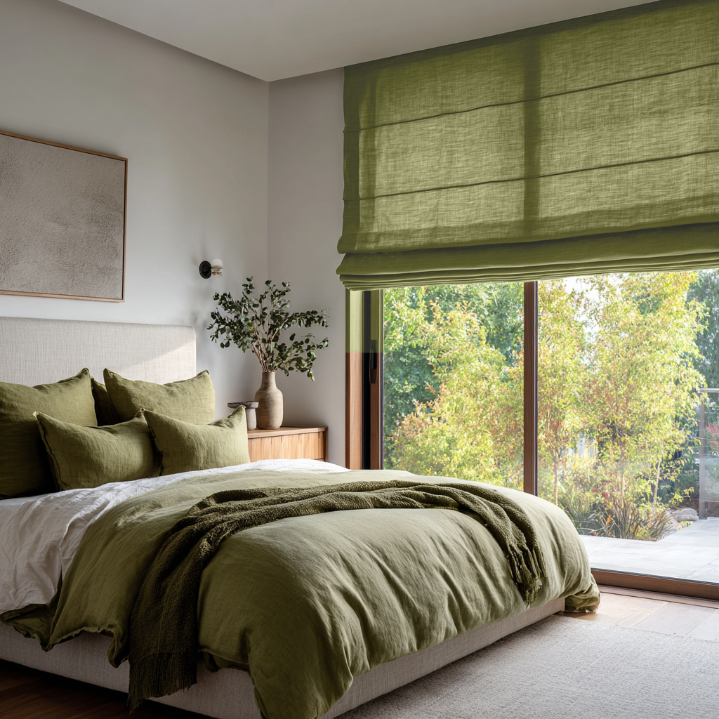 Olive Green Linen Roman Blinds