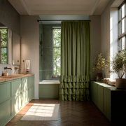Olive Green Linen Ruffle Shower Curtain in an Elegant Bathroom with Sage Green Accents