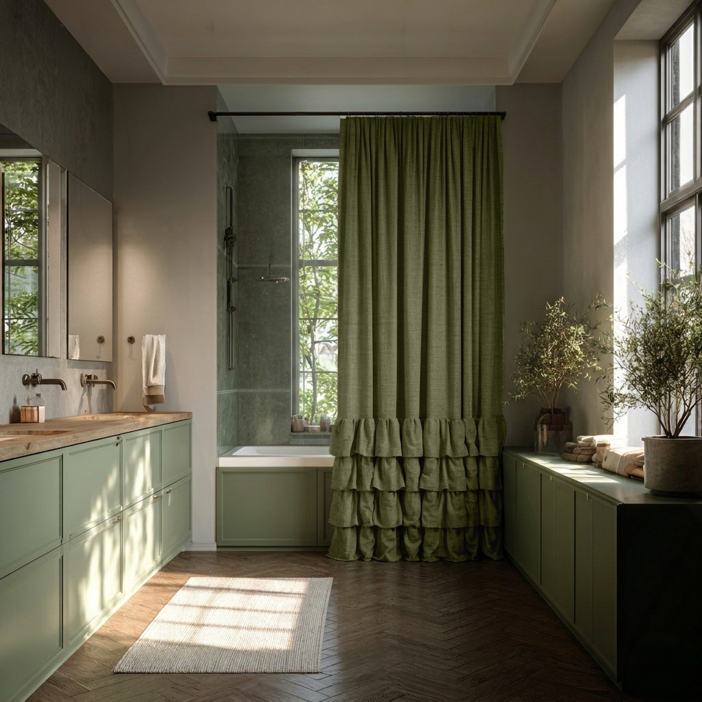 Olive Green Linen Ruffle Shower Curtain in an Elegant Bathroom with Sage Green Accents