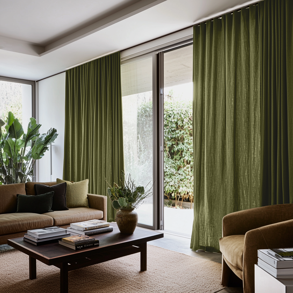 Olive Green Linen S-Fold Curtains for Bifold Doors in a Living Room with White Walls