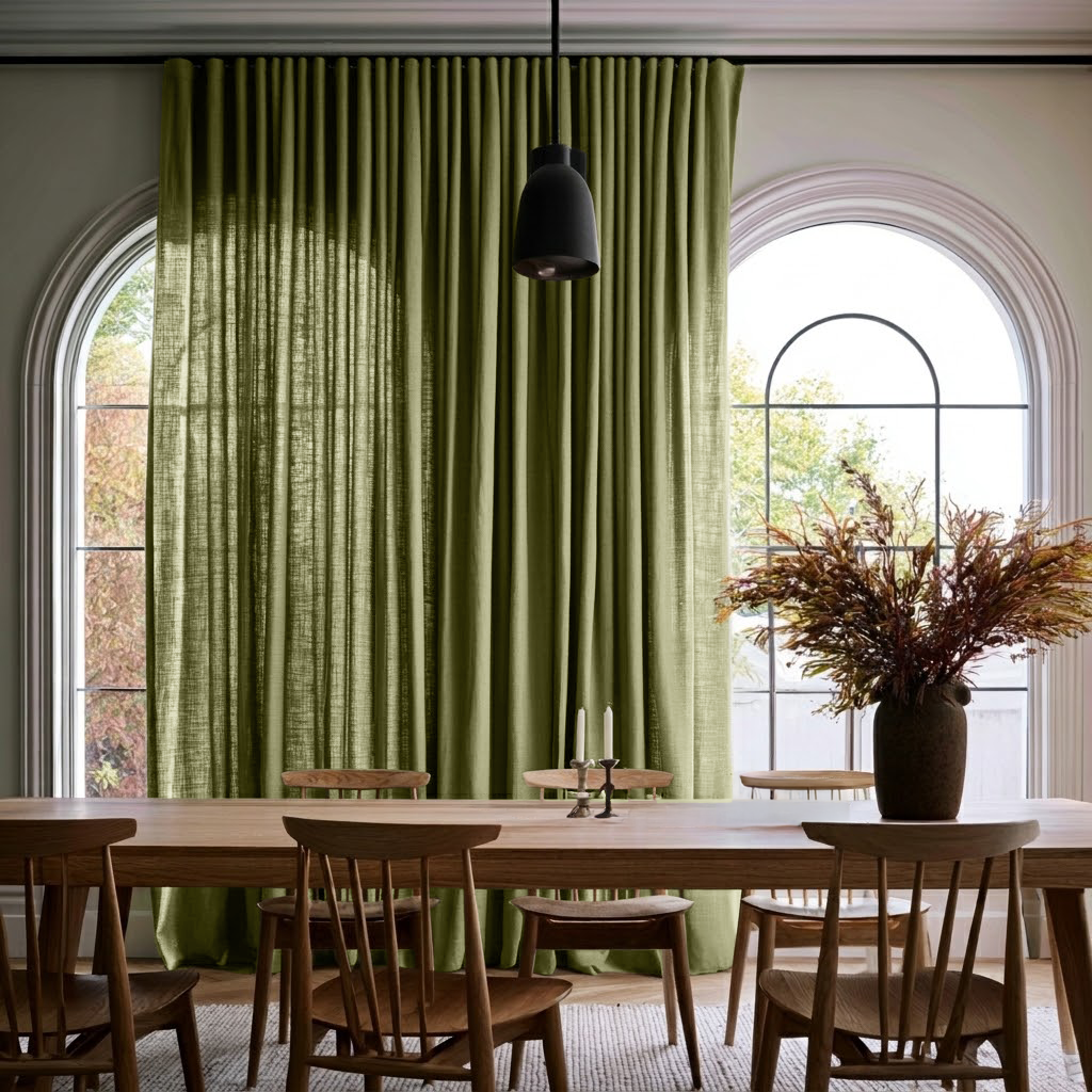 Olive Green Linen S-Fold Curtains in a Modern Farmhouse Dining Room with Tall Arched Windows