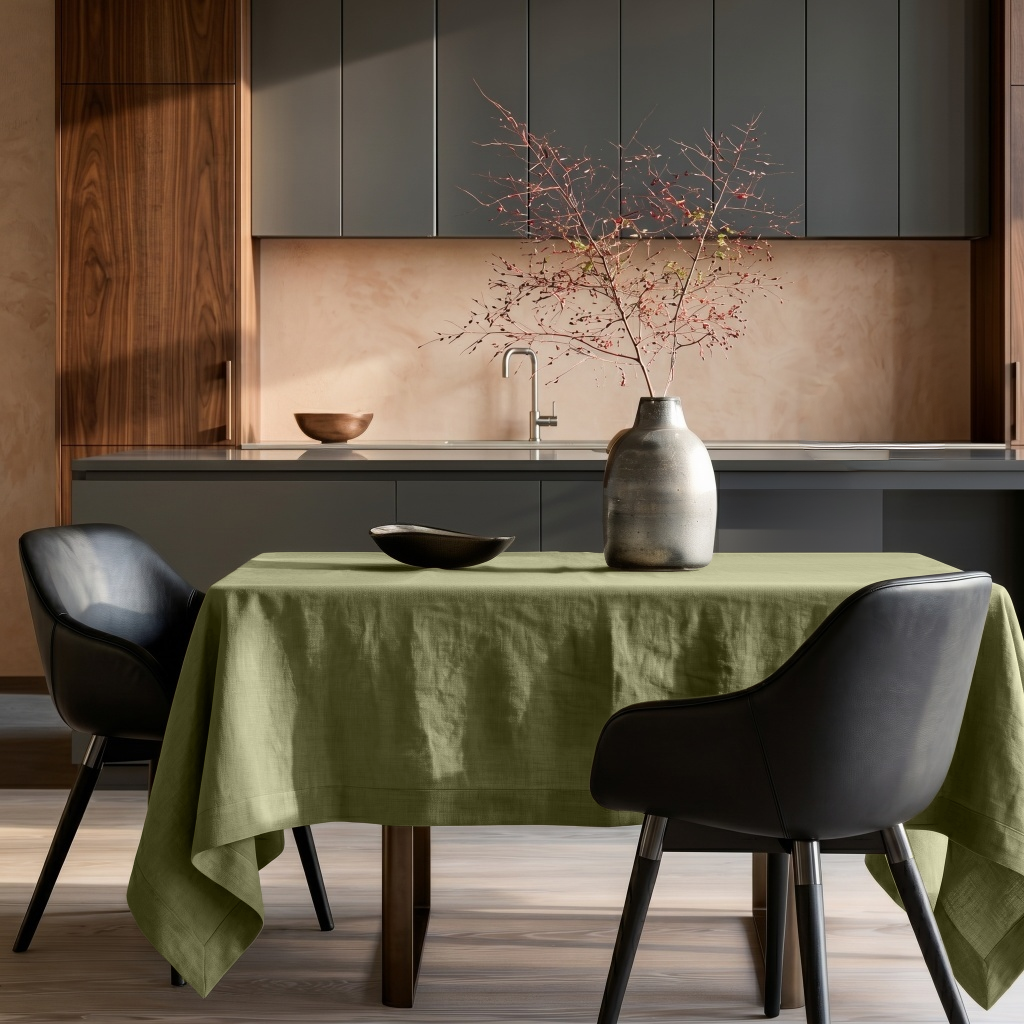 Olive Green Rectangular Linen Tablecloth in a Contemporary Kitchen with Dark Cabinetry and Black Leather Chairs