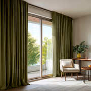 Olive Green Velvet Back Tab Blackout Curtains for Sliding Doors in a Living Room with Beige Walls
