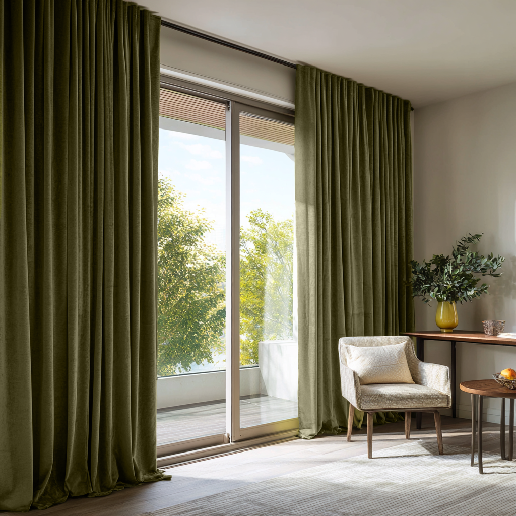 Olive Green Velvet Back Tab Blackout Curtains for Sliding Doors in a Living Room with Beige Walls