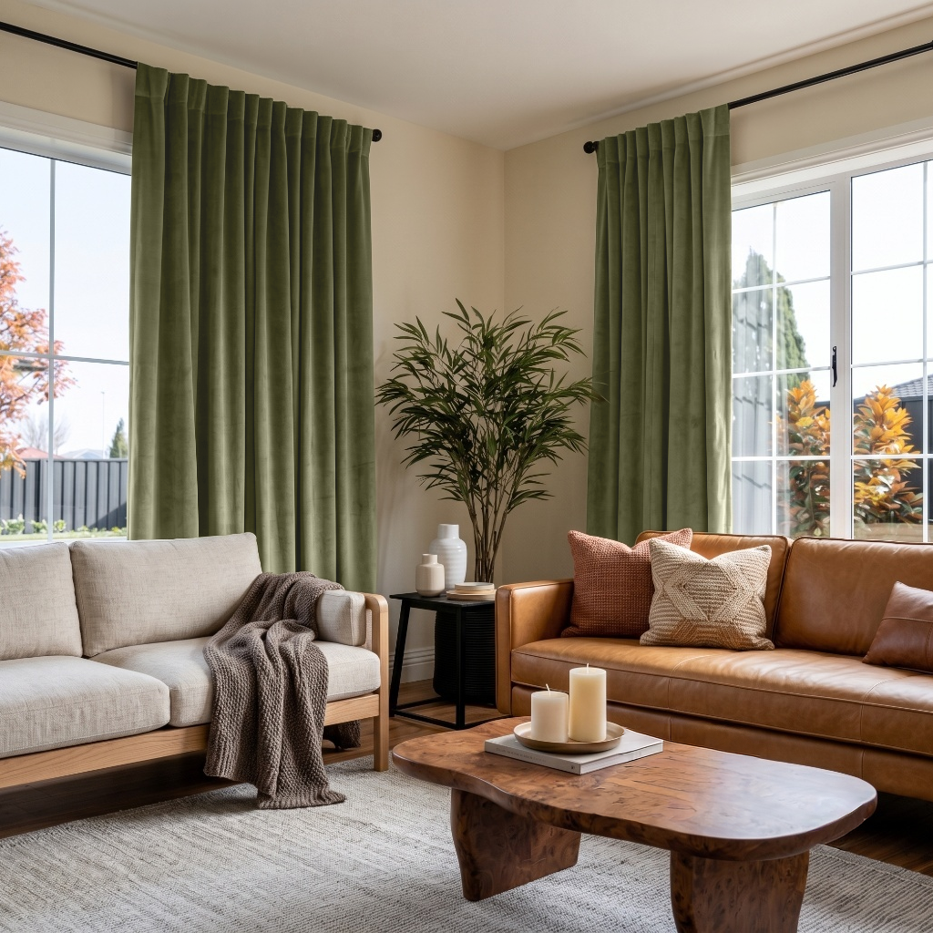 Olive Green Velvet Back Tab Curtains in a Modern Living Room with Cream Walls and Beige Upholstery