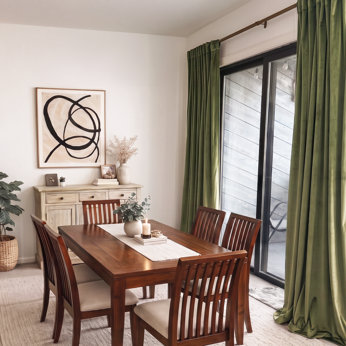 A styled dining room featuring a wooden dining table and six matching slat-back chairs with cream upholstered seats, positioned in front of a large black-framed sliding glass door with olive green curtains.