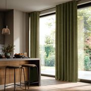 Olive Green Velvet Eyelet Blackout Curtains for Sliding Doors in a Kitchen with Grey Walls