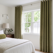 Olive Green Velvet Eyelet Curtains in a Minimal Bedroom with White Walls