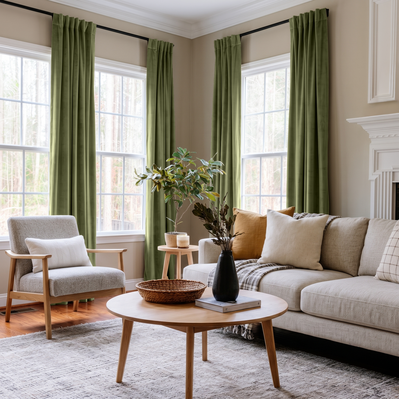 Olive Green Velvet Multitape Thermal Curtains in a Scandinavian Living Room with Beige Walls and a Cream Sofa
