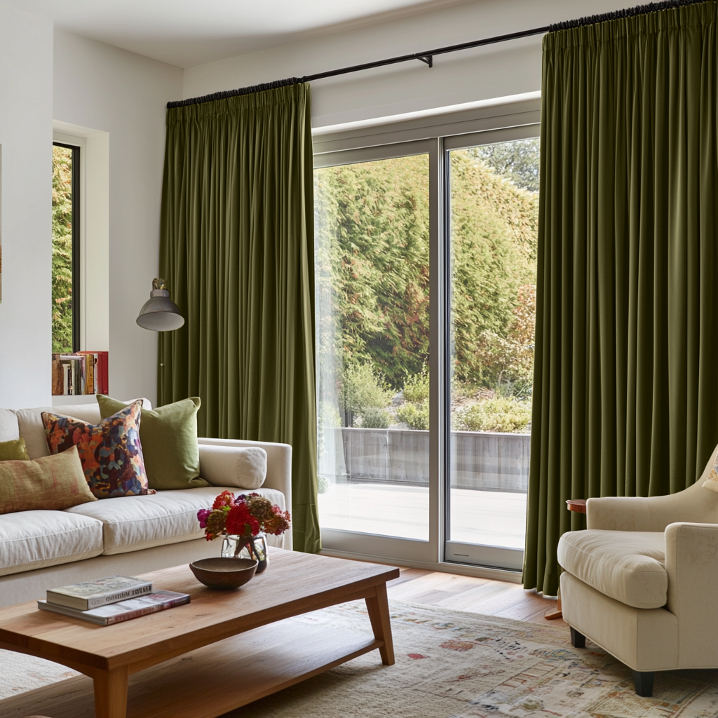Olive Green Velvet Pencil Pleat Blackout Curtains for Sliding Doors in a Living Room with Light Grey Walls