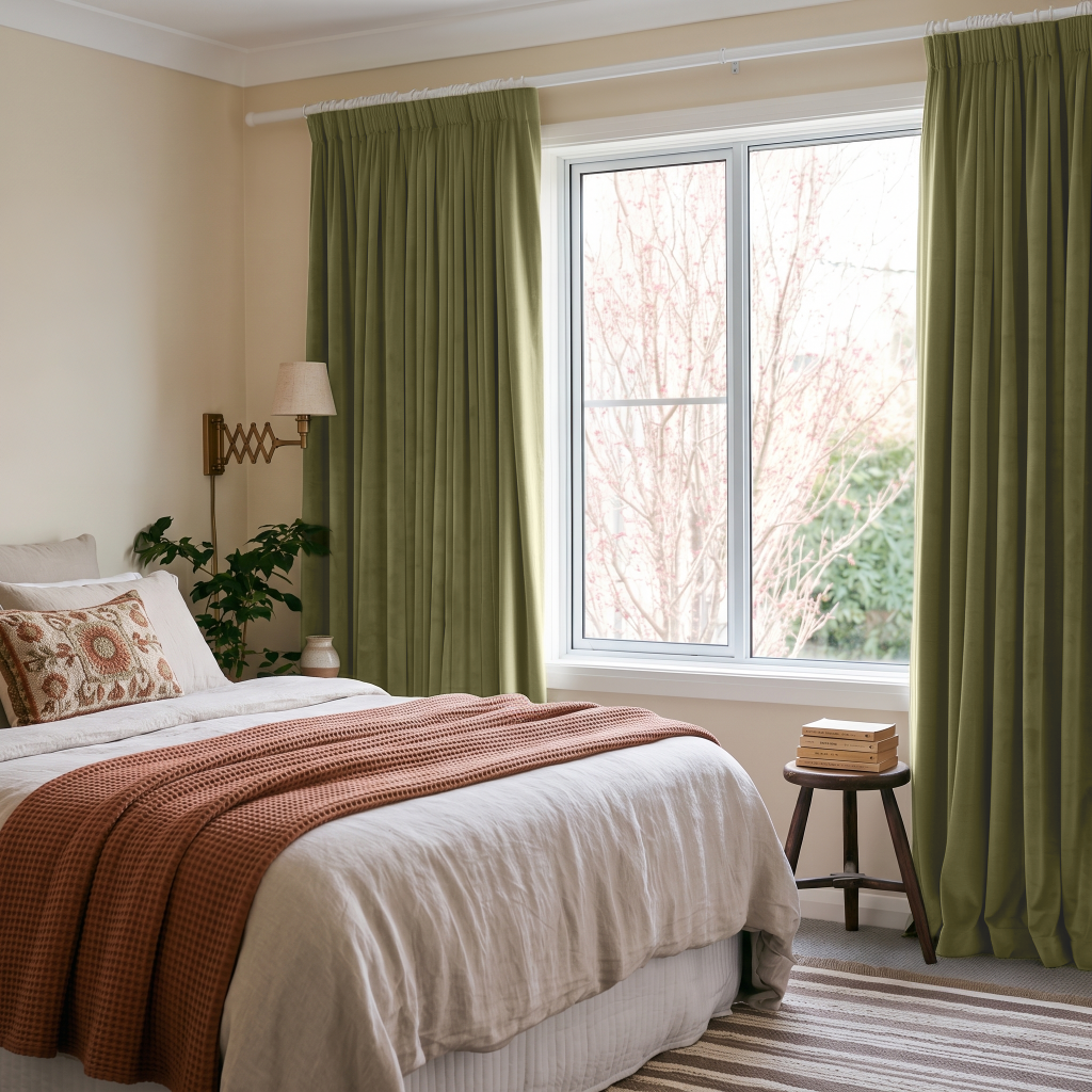Olive Green Velvet Pencil Pleat Curtains in a Cozy Bedroom with Beige Walls and White Bedding