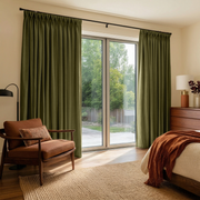 Olive Green Velvet Pinch Pleat Blackout Curtains for Sliding Doors in a Bedroom with Cream Walls