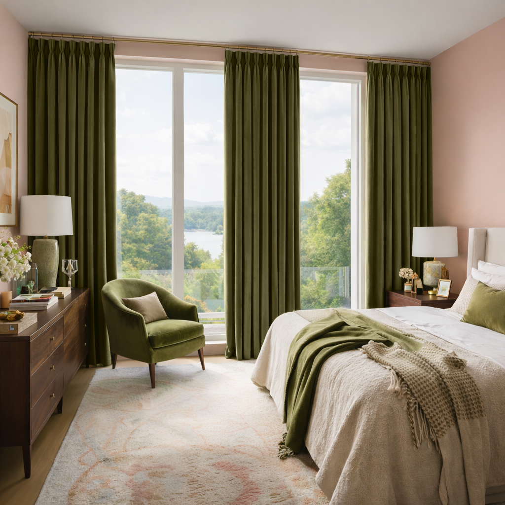 Olive Green Velvet Pinch Pleat Blackout Curtains in a Bedroom with Dusty Pink Walls