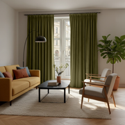 Olive Green Velvet Pinch Pleat Blackout Curtains in a Living Room with Light Grey Walls