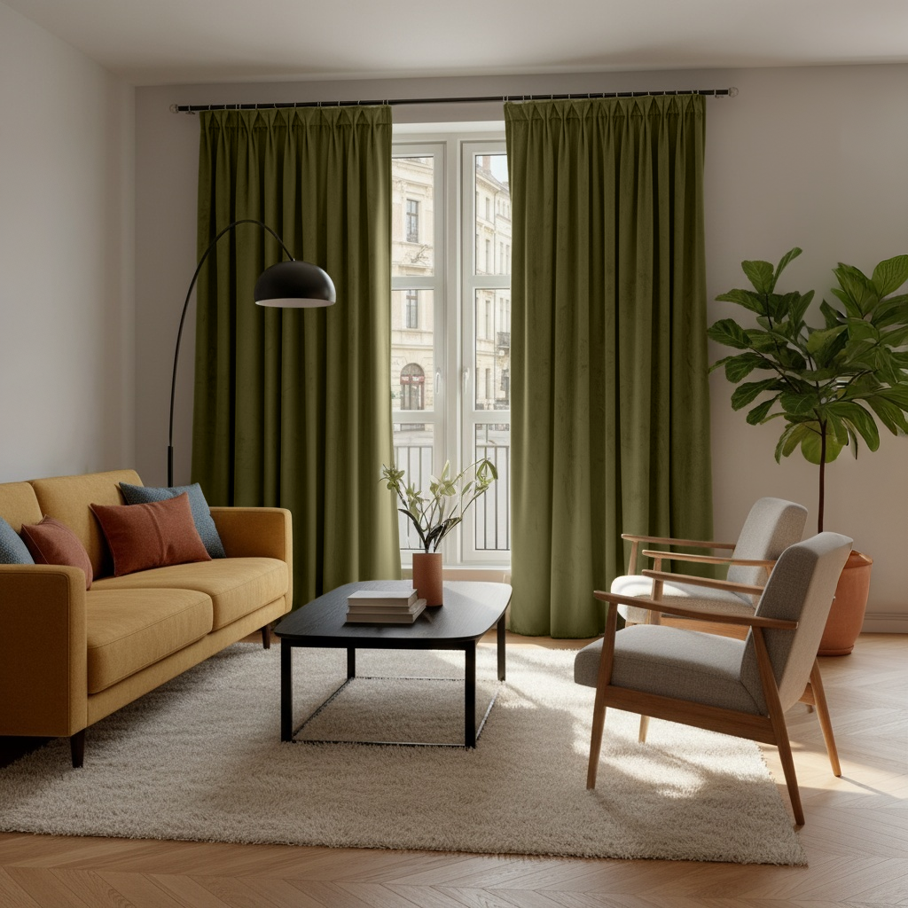 Olive Green Velvet Pinch Pleat Blackout Curtains in a Living Room with Light Grey Walls