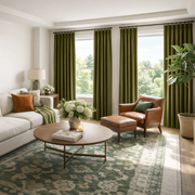 Olive Green Velvet Pinch Pleat Blackout Curtains in a Living Room with Warm White Walls