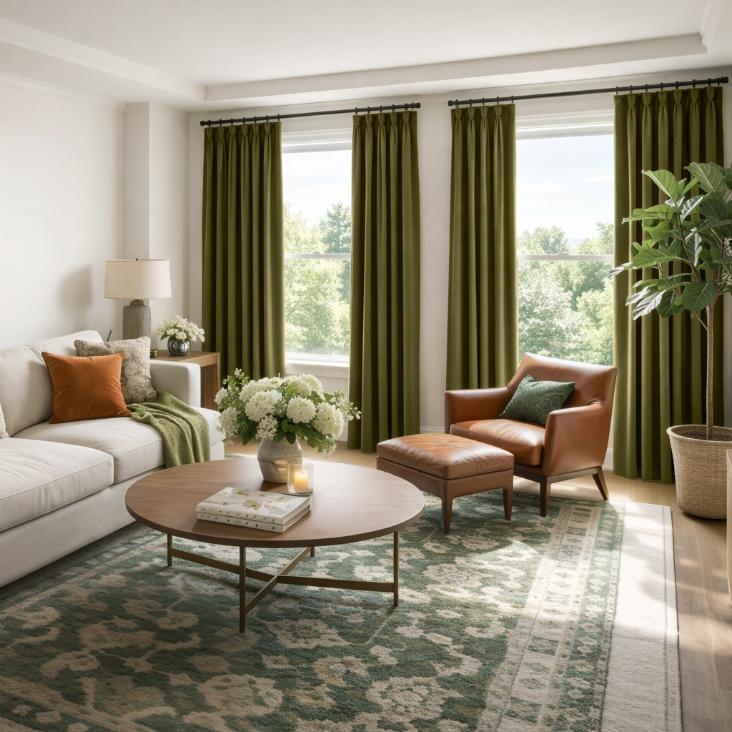 Olive Green Velvet Pinch Pleat Blackout Curtains in a Living Room with Warm White Walls