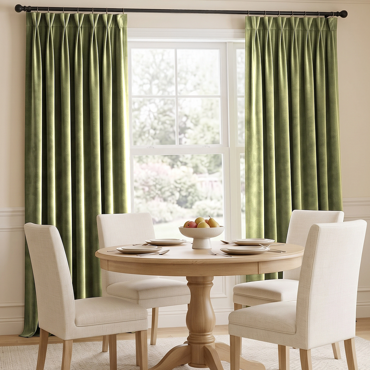 A pair of olive green pleated window curtains hanging on a black rod in a bright dining room with a round wooden table and four cream-colored upholstered chairs.